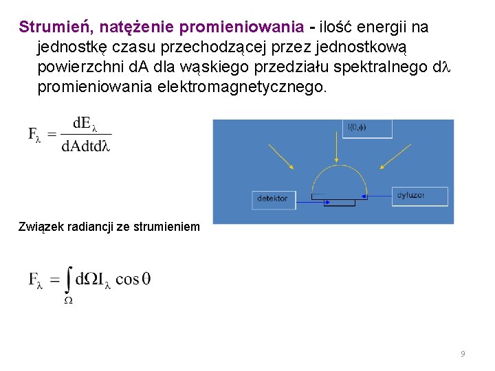 Strumień, natężenie promieniowania - ilość energii na jednostkę czasu przechodzącej przez jednostkową powierzchni d.