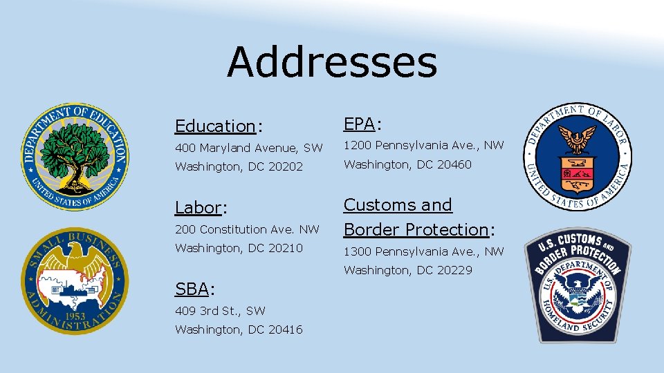 Addresses Education: EPA: 400 Maryland Avenue, SW 1200 Pennsylvania Ave. , NW Washington, DC