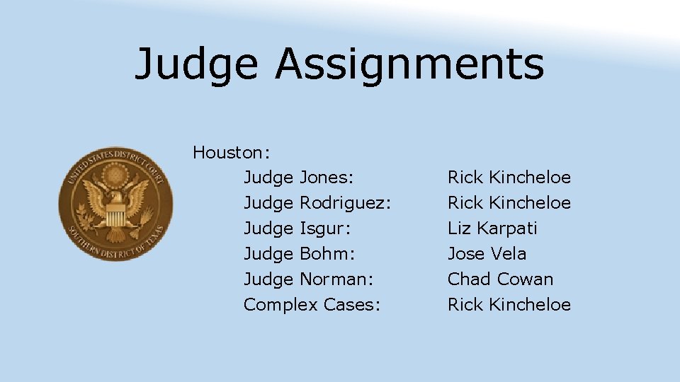 Judge Assignments Houston: Judge Jones: Judge Rodriguez: Judge Isgur: Judge Bohm: Judge Norman: Complex