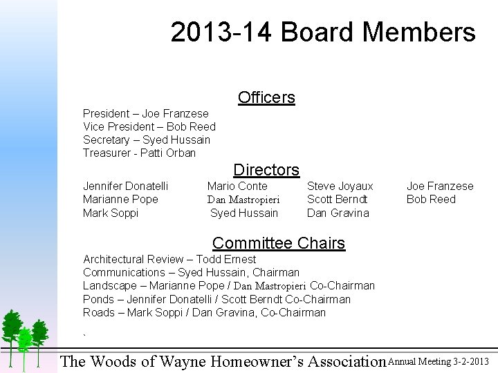 2013 -14 Board Members Officers President – Joe Franzese Vice President – Bob Reed