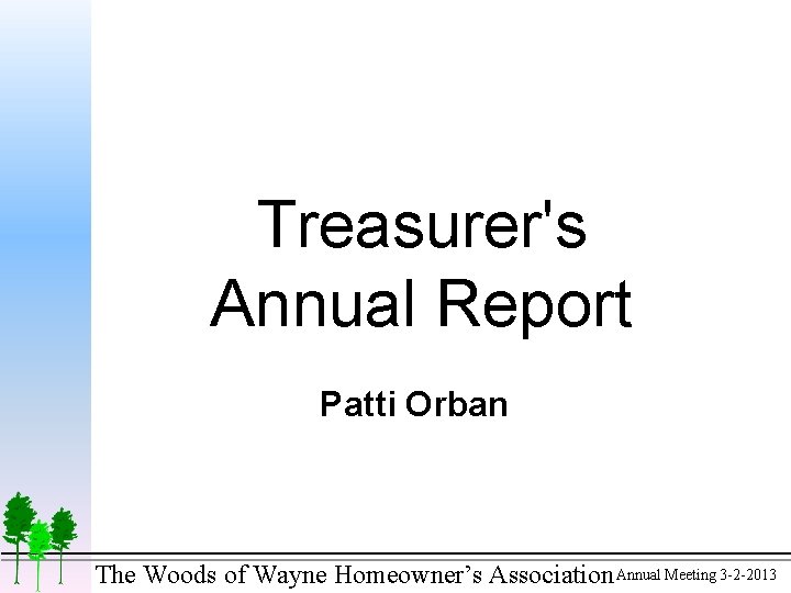 Treasurer's Annual Report Patti Orban The Woods of Wayne Homeowner’s Association Annual Meeting 3