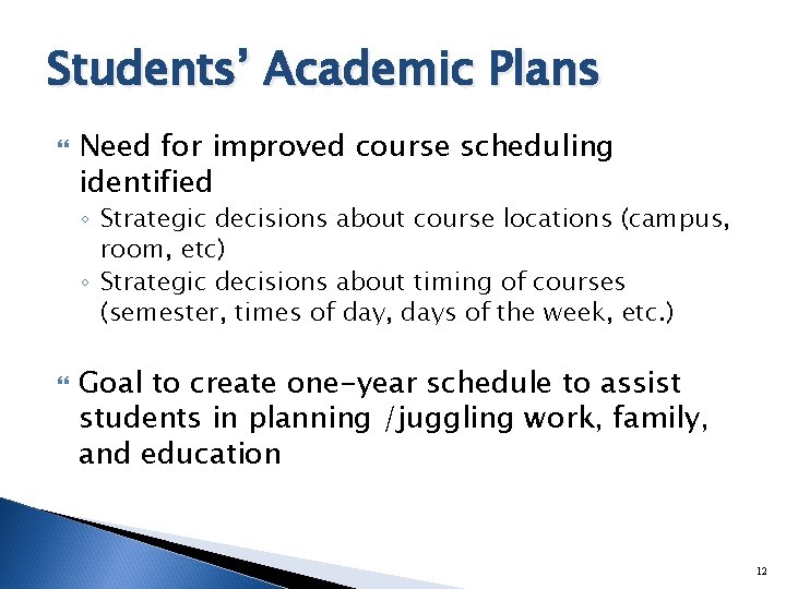 Students’ Academic Plans Need for improved course scheduling identified ◦ Strategic decisions about course