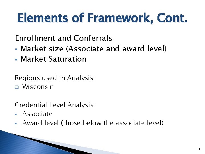 Elements of Framework, Cont. Enrollment and Conferrals § Market size (Associate and award level)