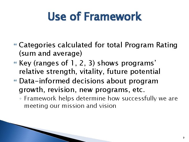 Use of Framework Categories calculated for total Program Rating (sum and average) Key (ranges