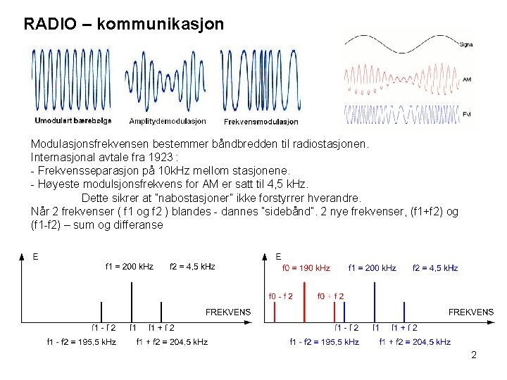 RADIO – kommunikasjon Modulasjonsfrekvensen bestemmer båndbredden til radiostasjonen. Internasjonal avtale fra 1923 : -