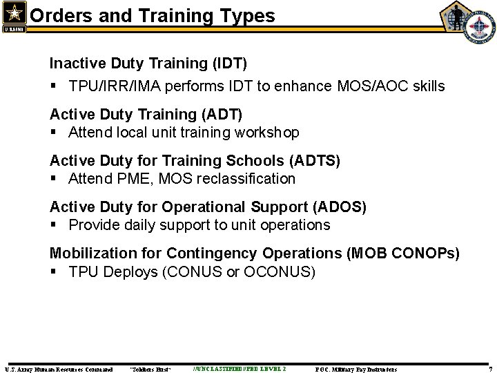 Orders and Training Types Inactive Duty Training (IDT) § TPU/IRR/IMA performs IDT to enhance