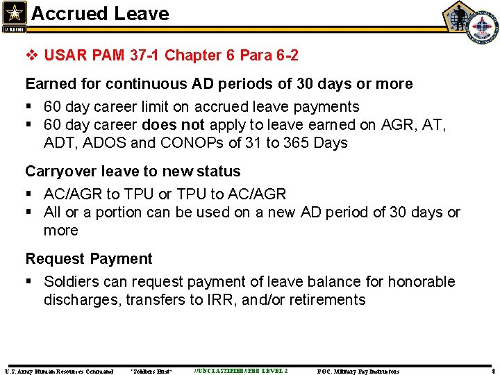 Accrued Leave v USAR PAM 37 -1 Chapter 6 Para 6 -2 Earned for