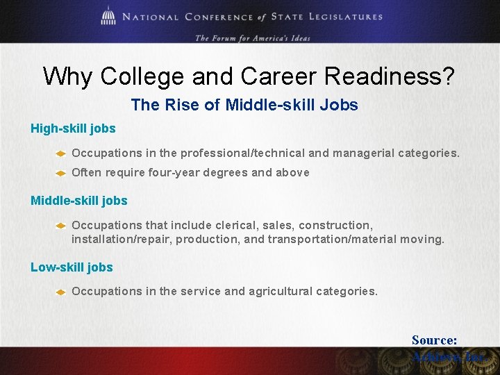 Why College and Career Readiness? The Rise of Middle-skill Jobs High-skill jobs Occupations in