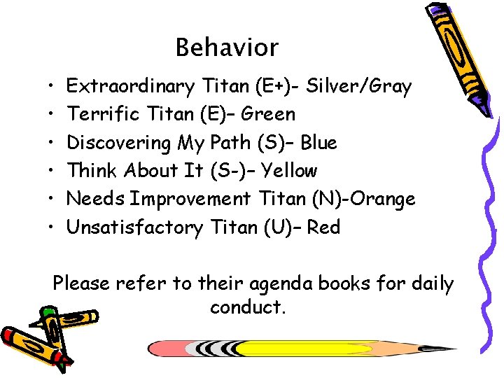 Behavior • • • Extraordinary Titan (E+)- Silver/Gray Terrific Titan (E)– Green Discovering My