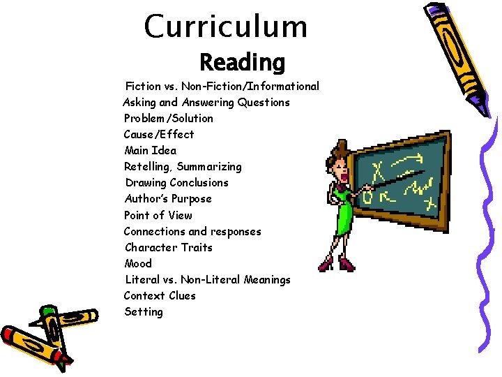 Curriculum Reading Fiction vs. Non-Fiction/Informational Asking and Answering Questions Problem/Solution Cause/Effect Main Idea Retelling,
