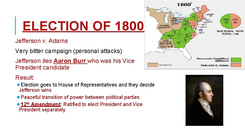 ELECTION OF 1800 Jefferson v. Adams Very bitter campaign (personal attacks) Jefferson ties Aaron