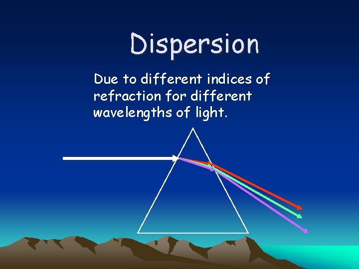 Dispersion Due to different indices of refraction for different wavelengths of light. 