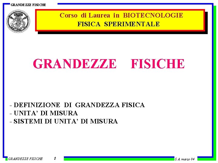 GRANDEZZE FISICHE Corso di Laurea in BIOTECNOLOGIE FISICA SPERIMENTALE GRANDEZZE FISICHE - DEFINIZIONE DI