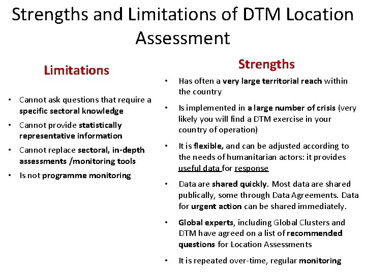 Strengths and Limitations of DTM Location Assessment Limitations • Cannot ask questions that require