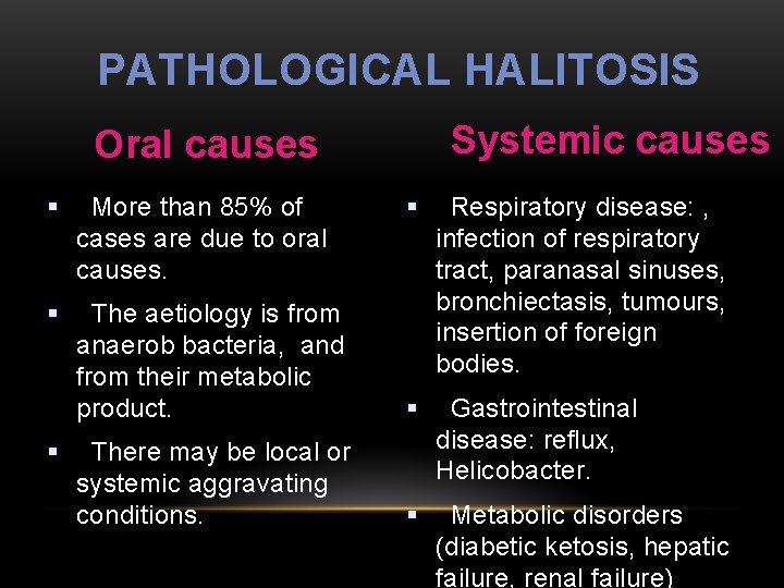 PATHOLOGICAL HALITOSIS Systemic causes Oral causes § More than 85% of cases are due