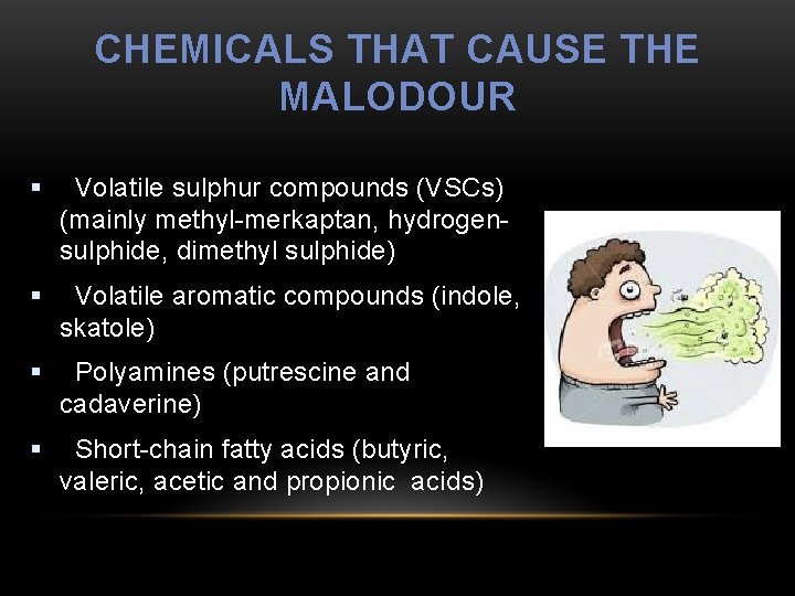 CHEMICALS THAT CAUSE THE MALODOUR § Volatile sulphur compounds (VSCs) (mainly methyl-merkaptan, hydrogensulphide, dimethyl