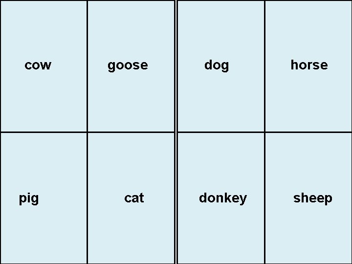 cow pig goose cat dog donkey horse sheep 