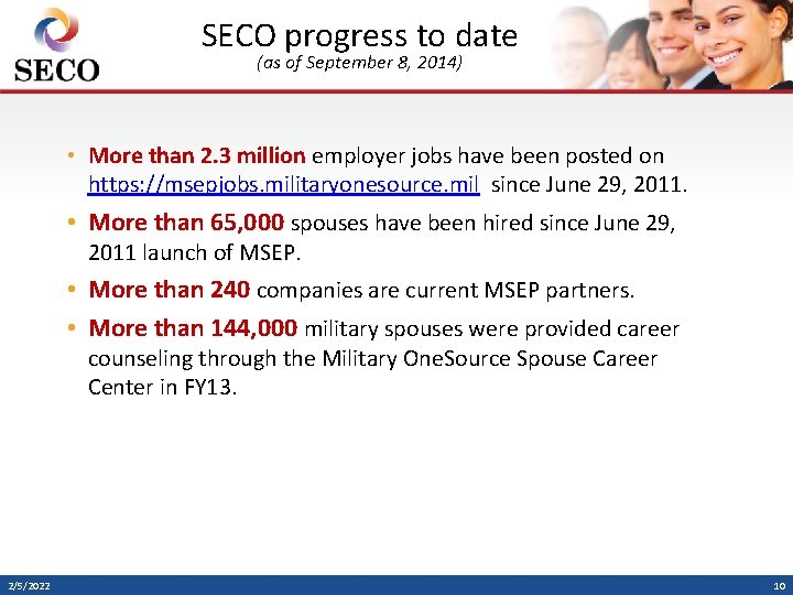 SECO progress to date (as of September 8, 2014) • More than 2. 3