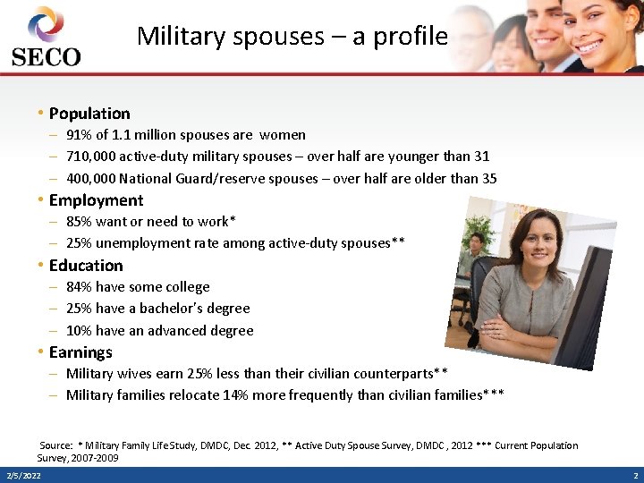 Military spouses – a profile • Population – 91% of 1. 1 million spouses