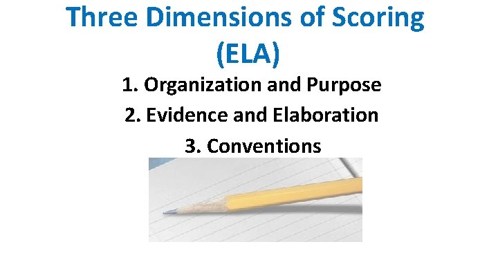 Three Dimensions of Scoring (ELA) 1. Organization and Purpose 2. Evidence and Elaboration 3.