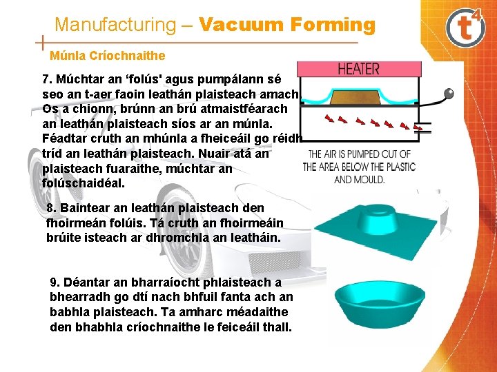 Manufacturing – Vacuum Forming Múnla Críochnaithe 7. Múchtar an ‘folús' agus pumpálann sé seo