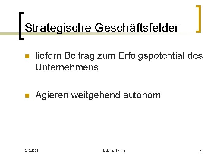 Strategische Geschäftsfelder n liefern Beitrag zum Erfolgspotential des Unternehmens n Agieren weitgehend autonom 9/12/2021