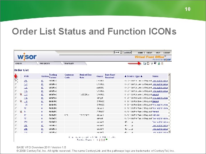 10 Order List Status and Function ICONs EASE VFO Overview 2011 Version 1. 5