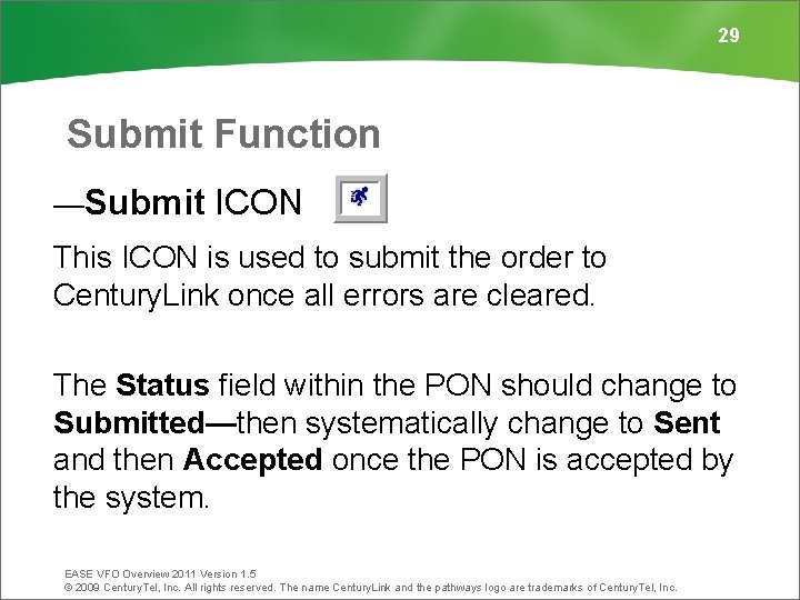 29 Submit Function —Submit ICON This ICON is used to submit the order to