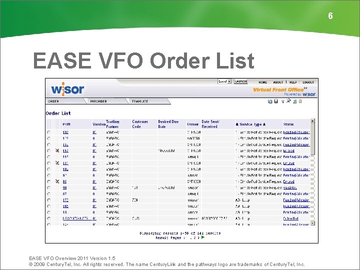 6 EASE VFO Order List EASE VFO Overview 2011 Version 1. 5 © 2009