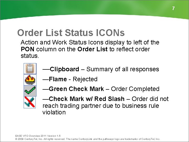 7 Order List Status ICONs Action and Work Status Icons display to left of