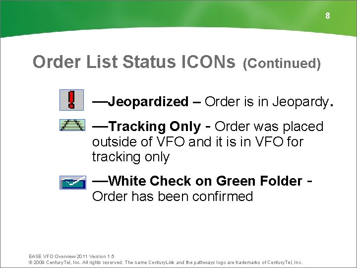 8 Order List Status ICONs (Continued) —Jeopardized – Order is in Jeopardy. —Tracking Only