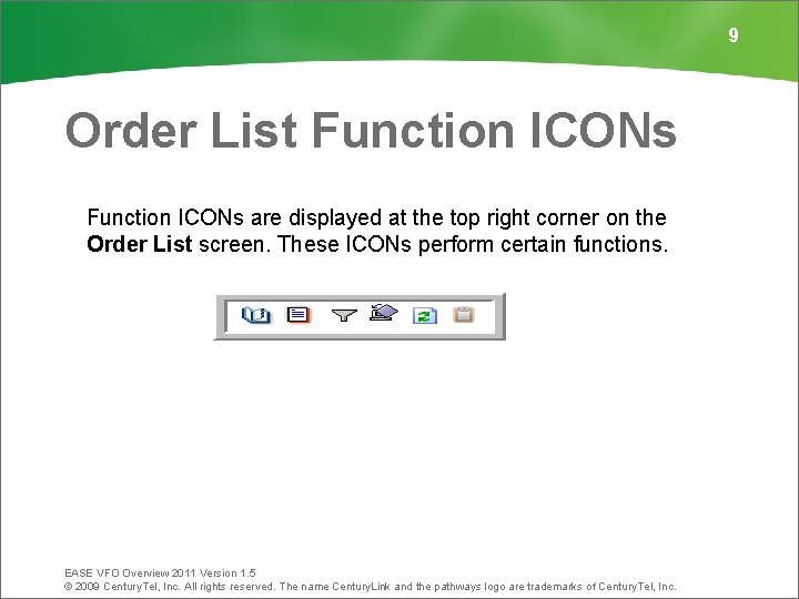 9 Order List Function ICONs are displayed at the top right corner on the