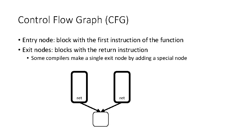 Control Flow Graph (CFG) • Entry node: block with the first instruction of the