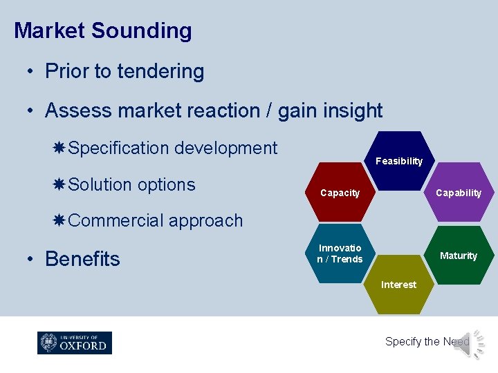 Market Sounding • Prior to tendering • Assess market reaction / gain insight Specification