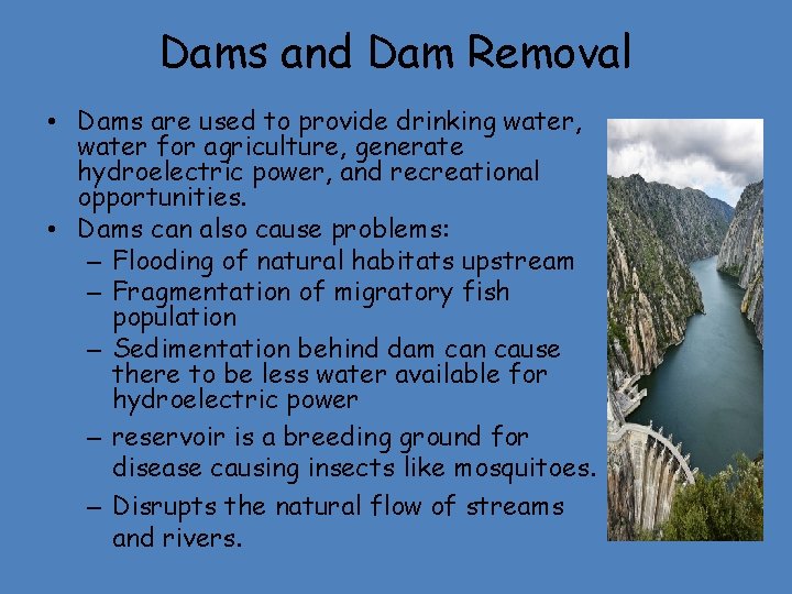 Dams and Dam Removal • Dams are used to provide drinking water, water for