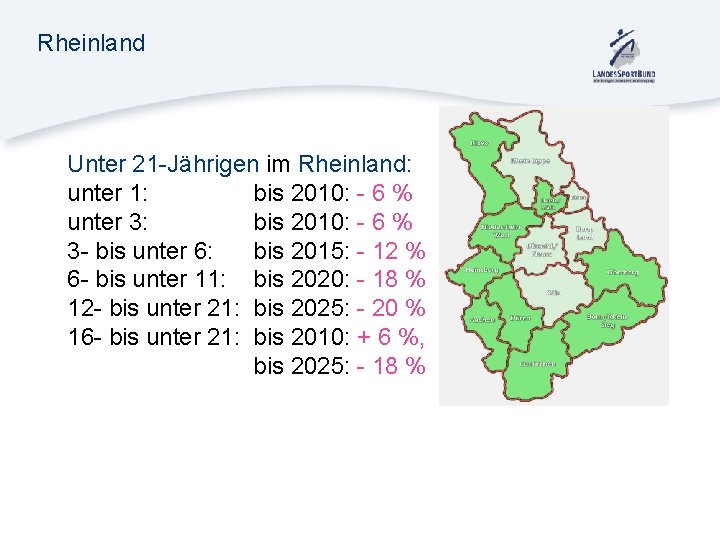 Rheinland Unter 21 -Jährigen im Rheinland: unter 1: bis 2010: - 6 % unter