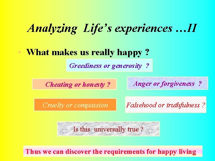 Analyzing Life’s experiences …II • What makes us really happy ? Greediness or generosity Analyzing Life’s experiences …II • What makes us really happy ? Greediness or generosity