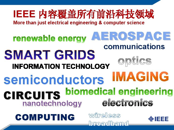 IEEE 内容覆盖所有前沿科技领域 More than just electrical engineering & computer science AEROSPACE communications semiconductors CIRCUITS