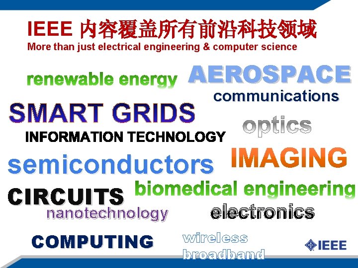 IEEE 内容覆盖所有前沿科技领域 More than just electrical engineering & computer science AEROSPACE communications semiconductors CIRCUITS