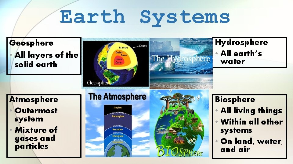 Earth Systems Geosphere • All layers of the solid earth Hydrosphere • All earth’s