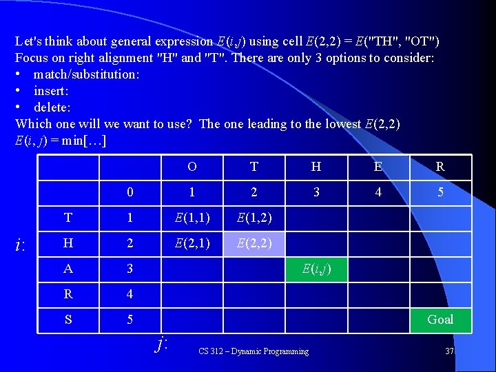 Let's think about general expression E(i, j) using cell E(2, 2) = E("TH", "OT")