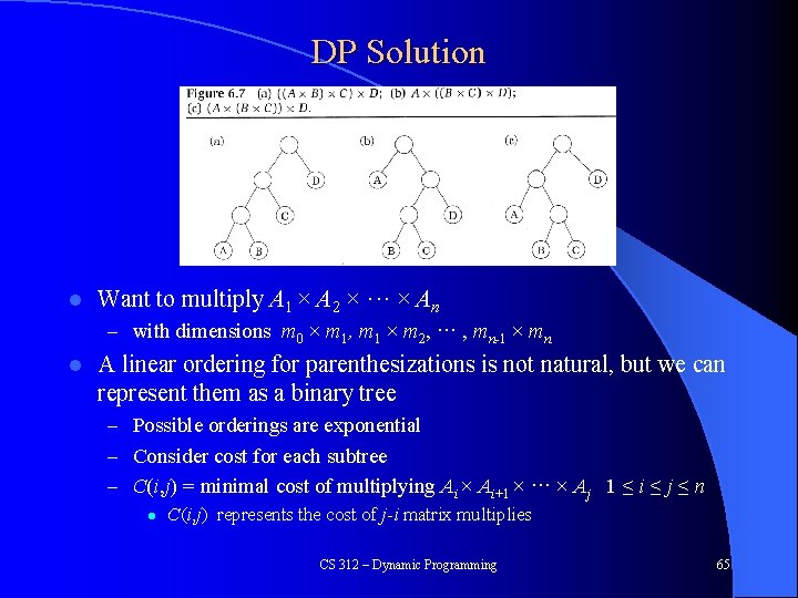 DP Solution l Want to multiply A 1 × A 2 × ··· ×