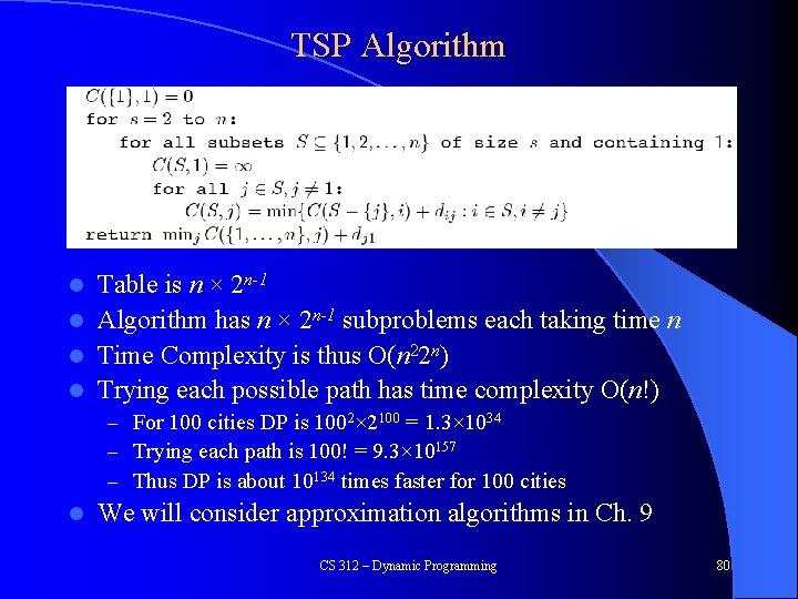 TSP Algorithm Table is n × 2 n-1 l Algorithm has n × 2