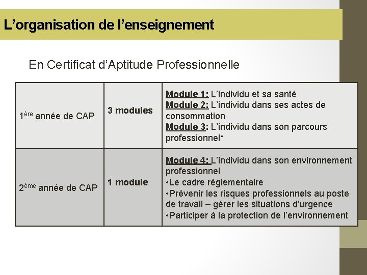 L’organisation de l’enseignement En Certificat d’Aptitude Professionnelle 1ère année de CAP 2ème année de