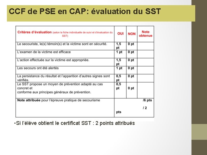 CCF de PSE en CAP: évaluation du SST • Si l’élève obtient le certificat