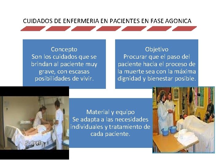 CUIDADOS DE ENFERMERIA EN PACIENTES EN FASE AGONICA Concepto Son los cuidados que se