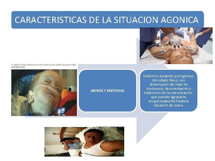CARACTERISTICAS DE LA SITUACION AGONICA SIGNOS Y SINTOMAS Deterioro evidente y progresivo del estado