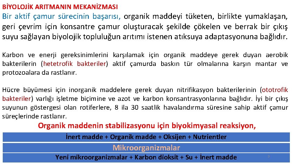 BİYOLOJİK ARITMANIN MEKANİZMASI Bir aktif çamur sürecinin başarısı, organik maddeyi tüketen, birlikte yumaklaşan, geri