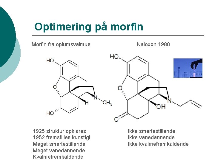 Optimering på morfin Morfin fra opiumsvalmue 1925 struktur opklares 1952 fremstilles kunstigt Meget smertestillende