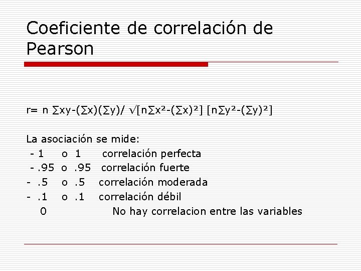 Coeficiente de correlación de Pearson r= n ∑xy-(∑x)(∑y)/ √[n∑x²-(∑x)²] [n∑y²-(∑y)²] La asociación -1 o